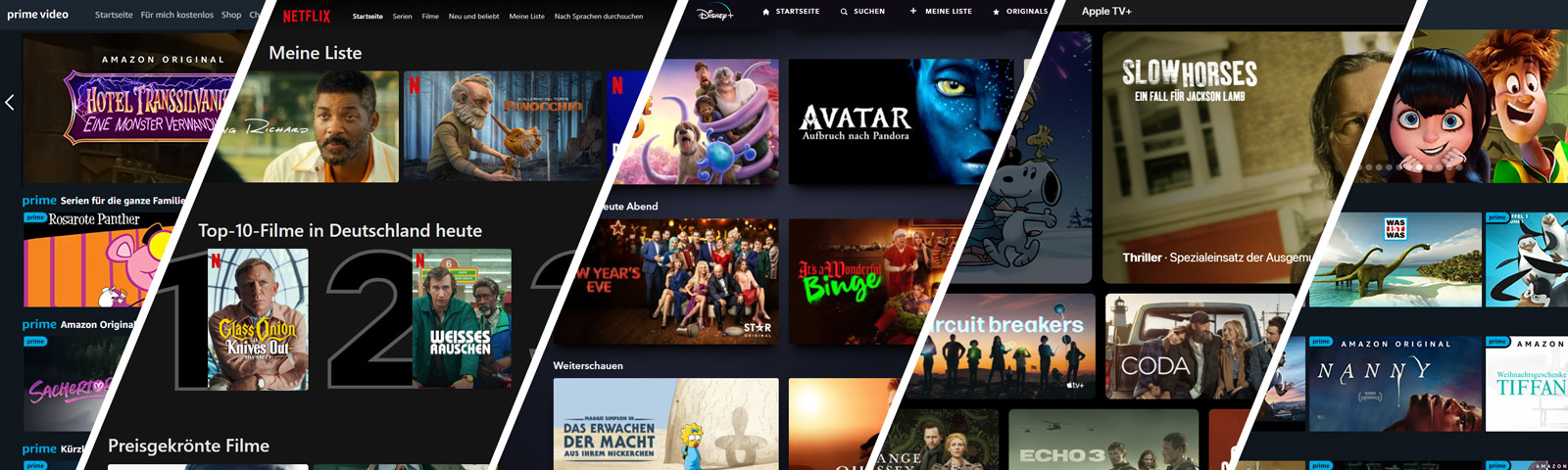 Verschiedene Streaming-Dienste im Überblick: Amazon Prime Video, Netflix, Disney+, Apple TV